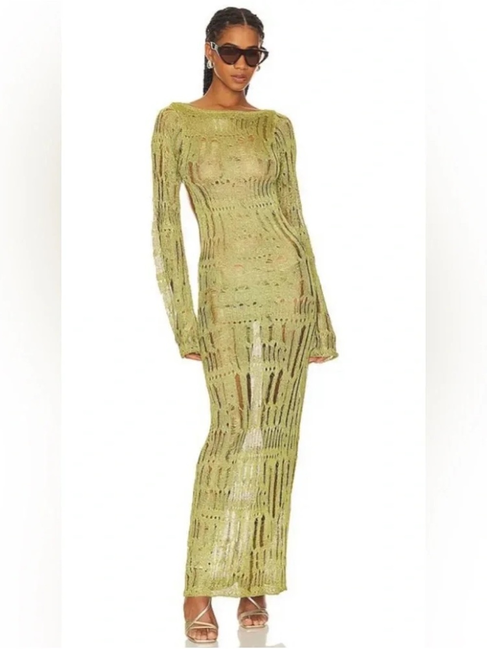 Sheer Olive Green Long Sleeve Knit Maxi Dress